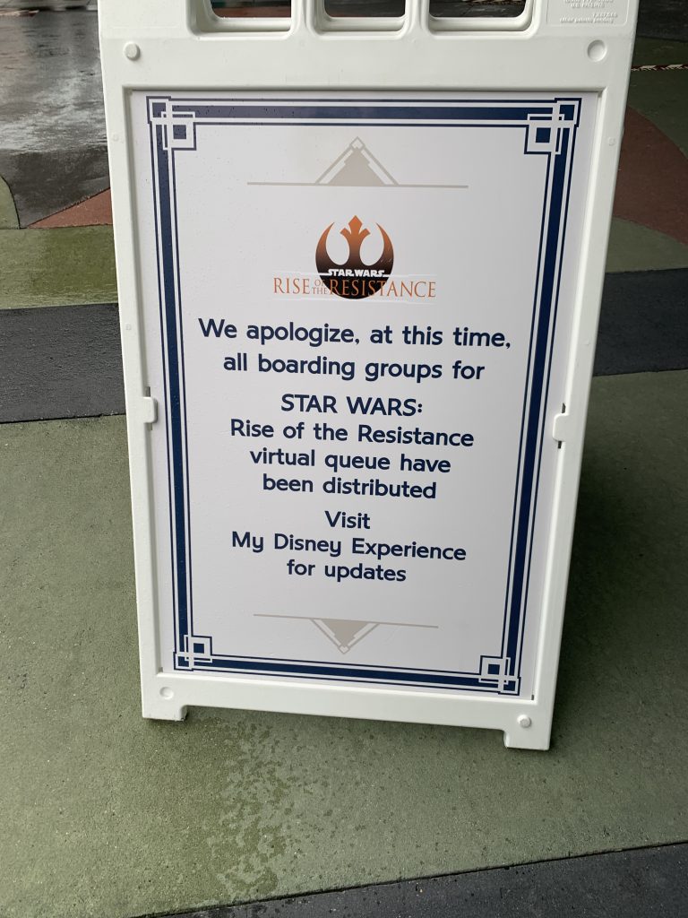 Star Wars: Rise of the Resistance sign showing the virtual queue has been distributed